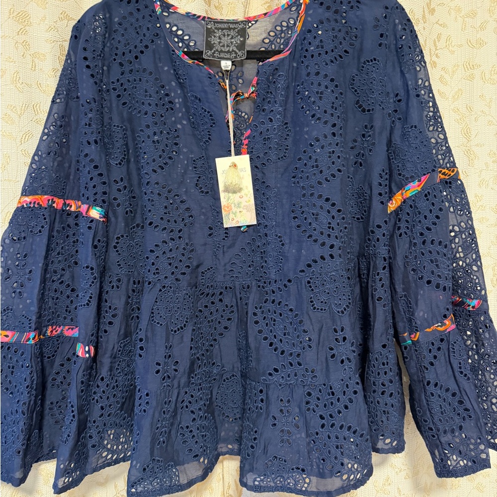 Johnny Was Navy Eyelet Blouse with Colorful Trim